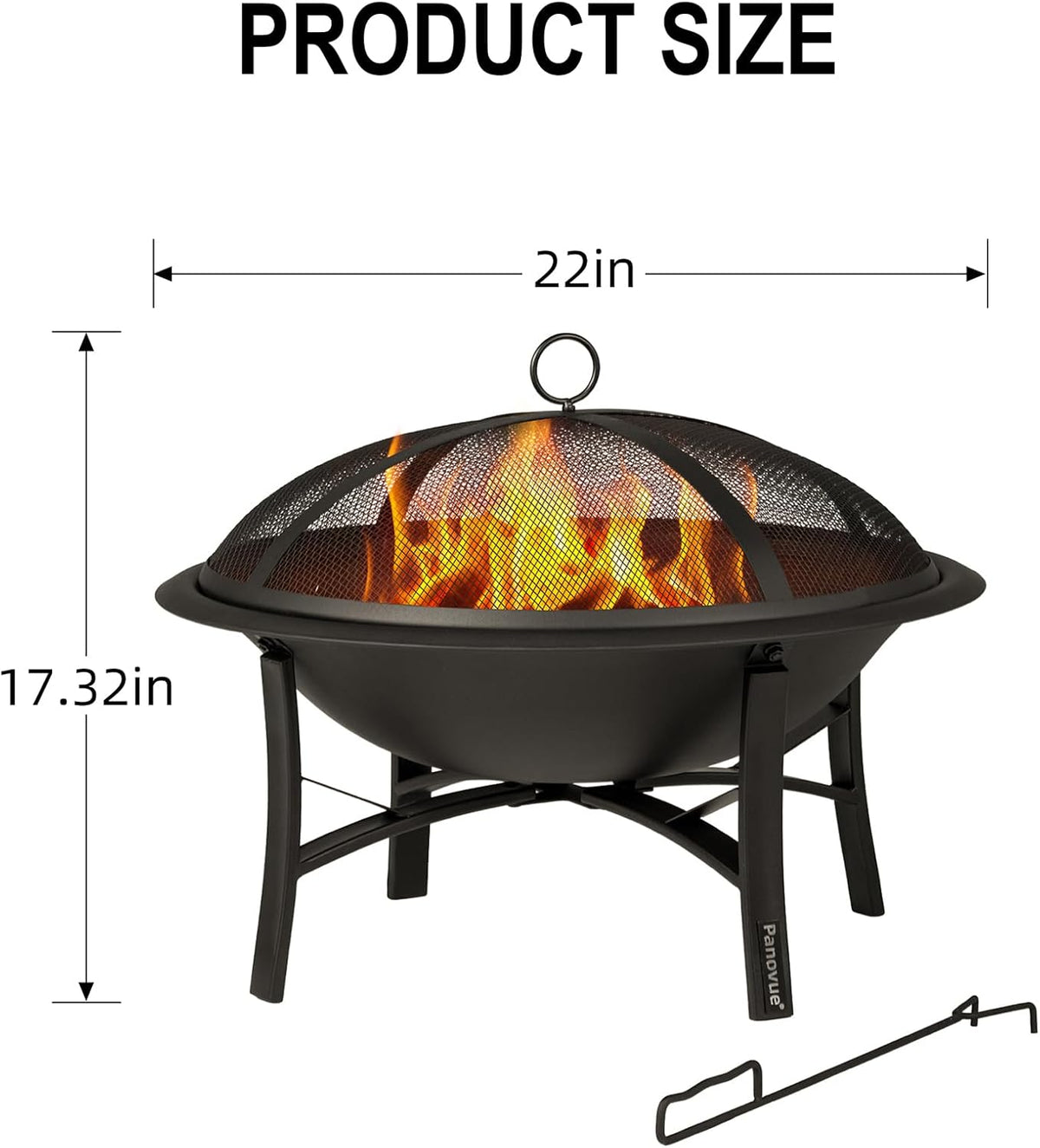 Panovue 22 Inch Fire Pit with Spark Screen, Firewood Grate and Poker