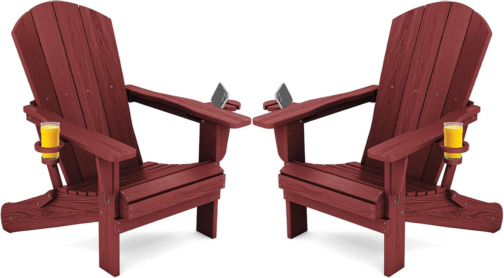 SERWALL Outdoor Adirondack Chair Set of 2 with 2 Cup Holders,Foldable,Red