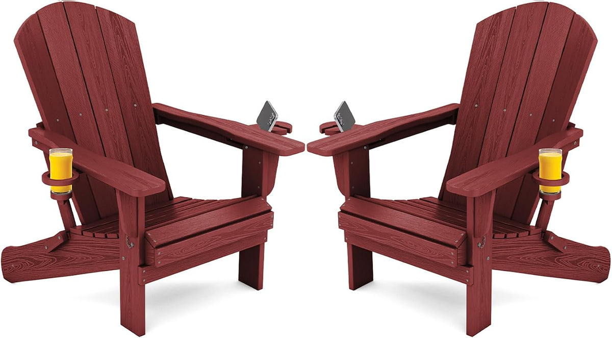 SERWALL Outdoor Adirondack Chair Set of 2 with 2 Cup Holders,Foldable,Red