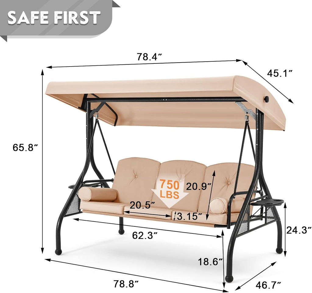HOMREST 3 Seat Porch Swing with Adjustable Canopy, Patio Swing with Stand
