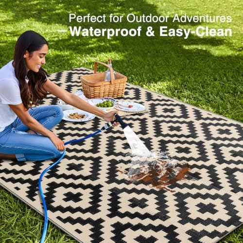 OLANLY Outdoor Rug 5x8 ft Waterproof Reversible Mat, Black & Beige