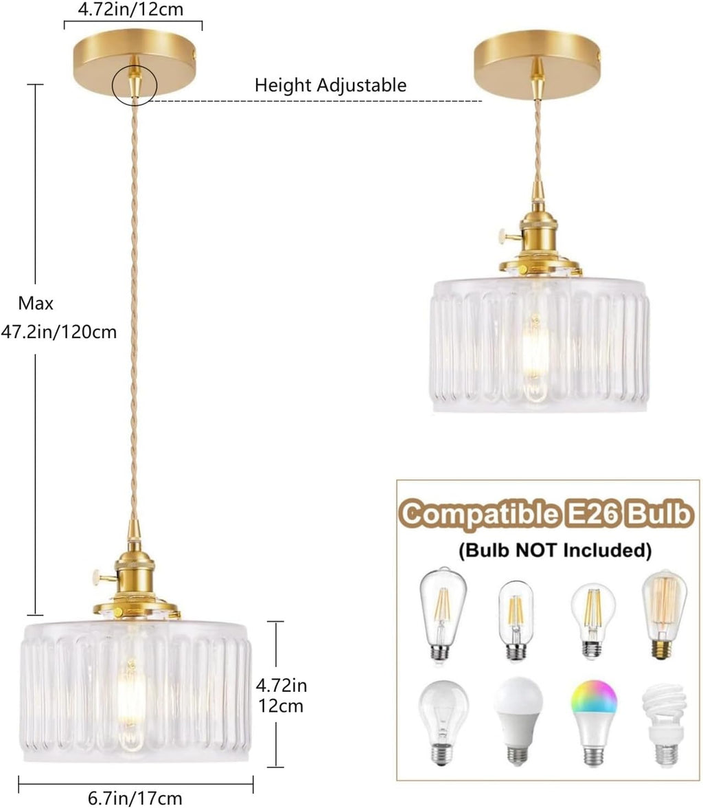 Glass Pendant Light 2 Pack Vintage Brass Hanging Lamp Farmhouse Rustic Industrial Gold Pendant Lighting Fixtures for Kitchen Island Dining Room Hallway