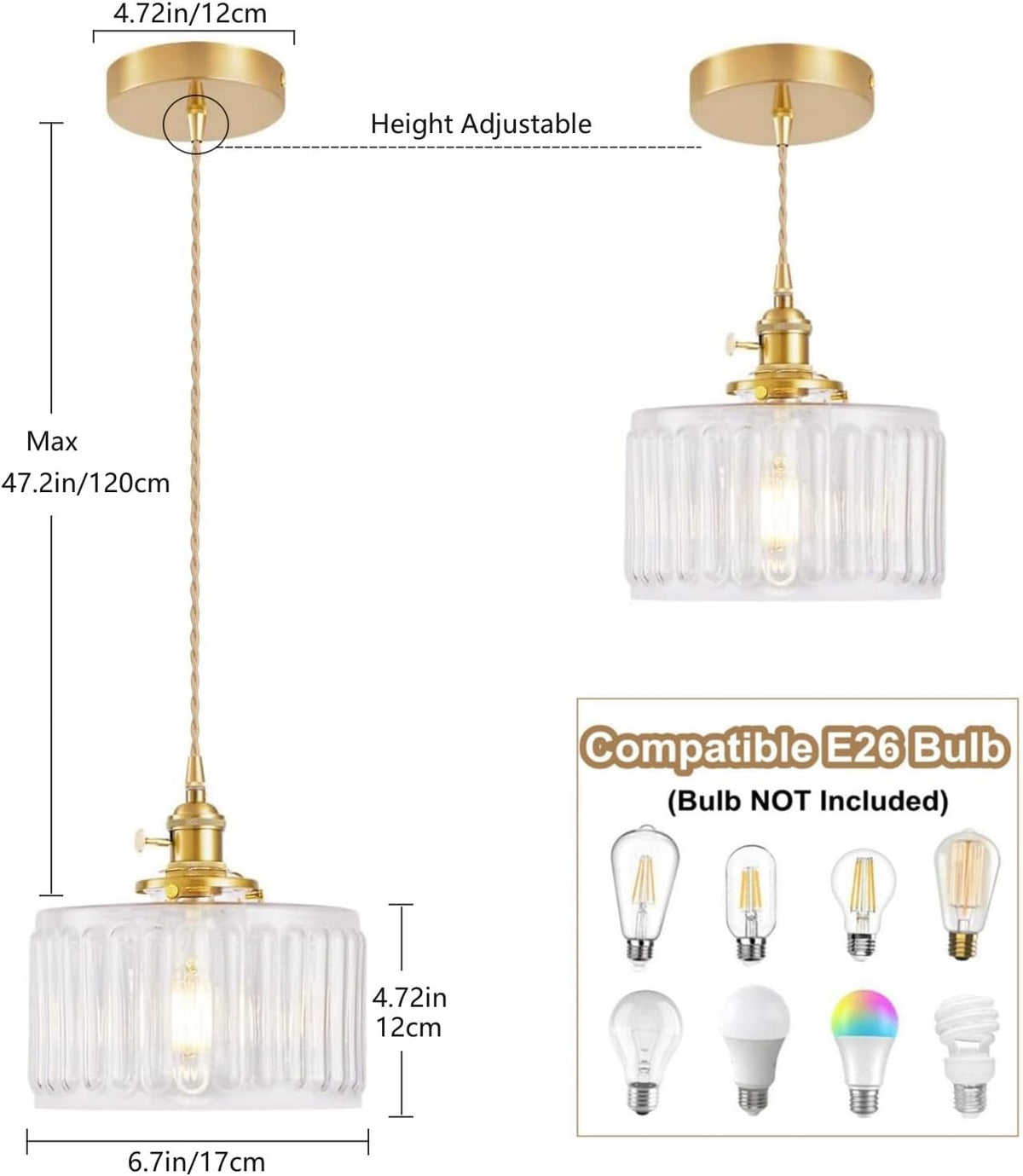 Glass Pendant Light 2 Pack Vintage Brass Hanging Lamp Farmhouse Rustic Industrial Gold Pendant Lighting Fixtures for Kitchen Island Dining Room Hallway