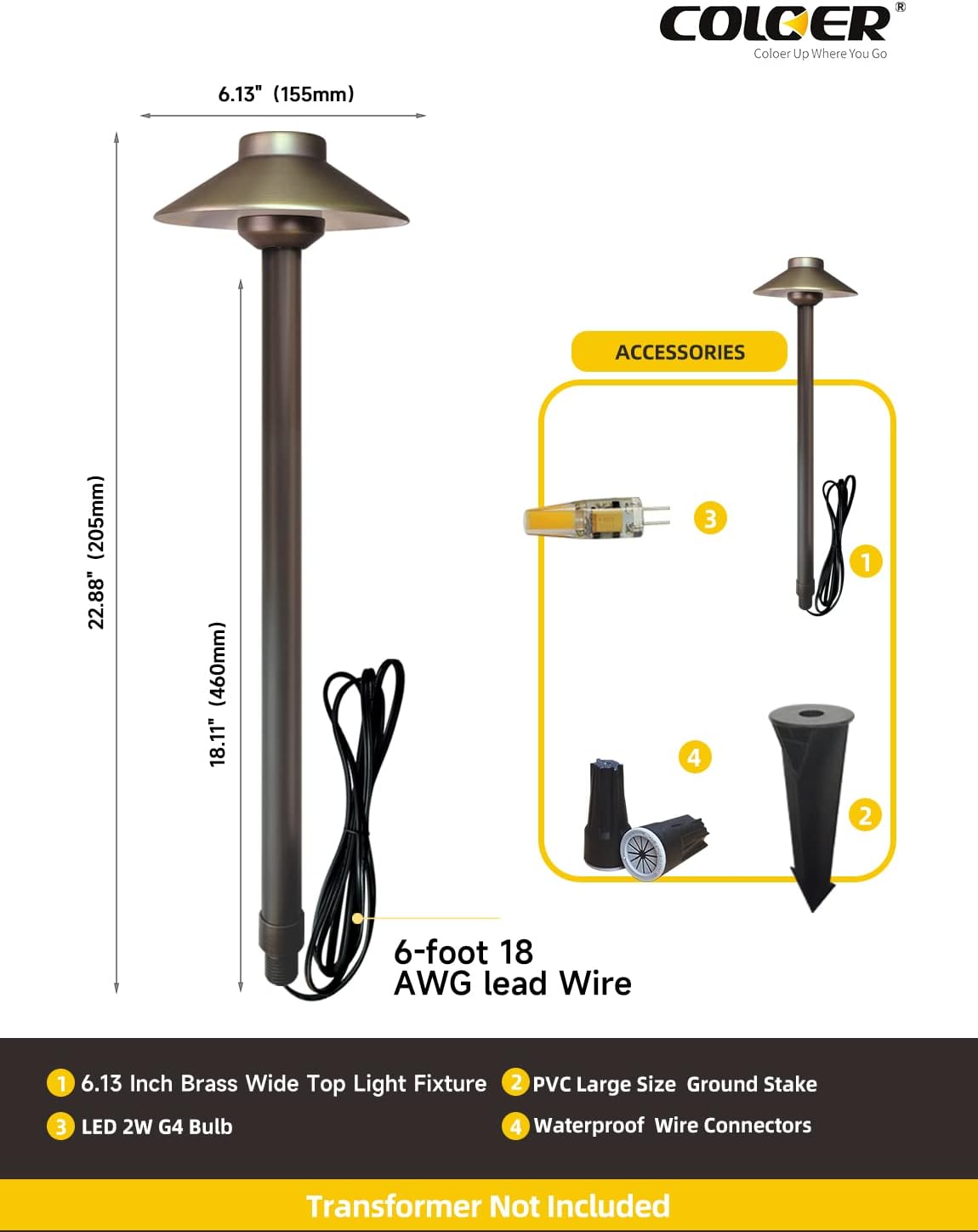 COLOER Brass Low Voltage Pathway Lights 4-Pack with 3W LED G4 Bulb (602B)