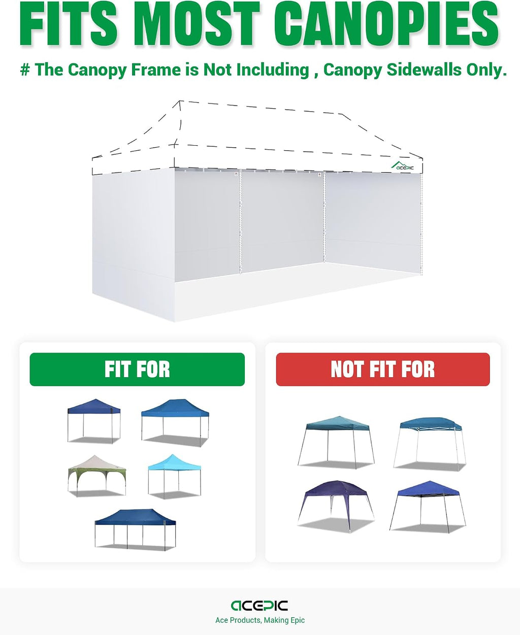 ACEPIC 10x20ft Canopy Sidewalls Only, White (4PCS, Frame Not Included)