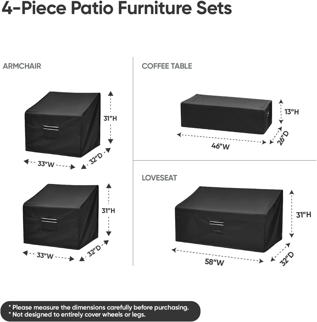 loriano Patio Furniture Covers, 4 Piece Outdoor Furniture Cover Waterproof, Patio Furniture cover set, Lawn Patio Set Covers Black