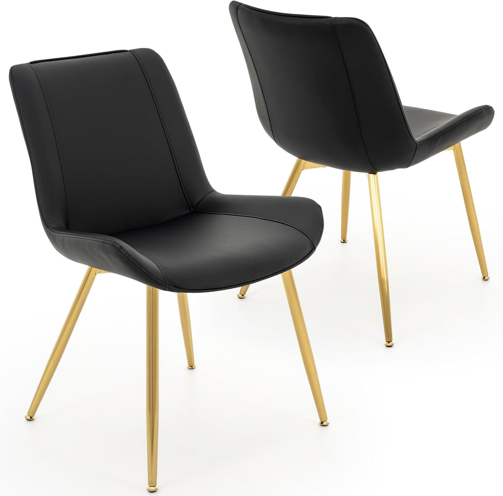 Dining Chairs Set of 2, PU Leather Armless with Metal Legs Black, Gold Legs