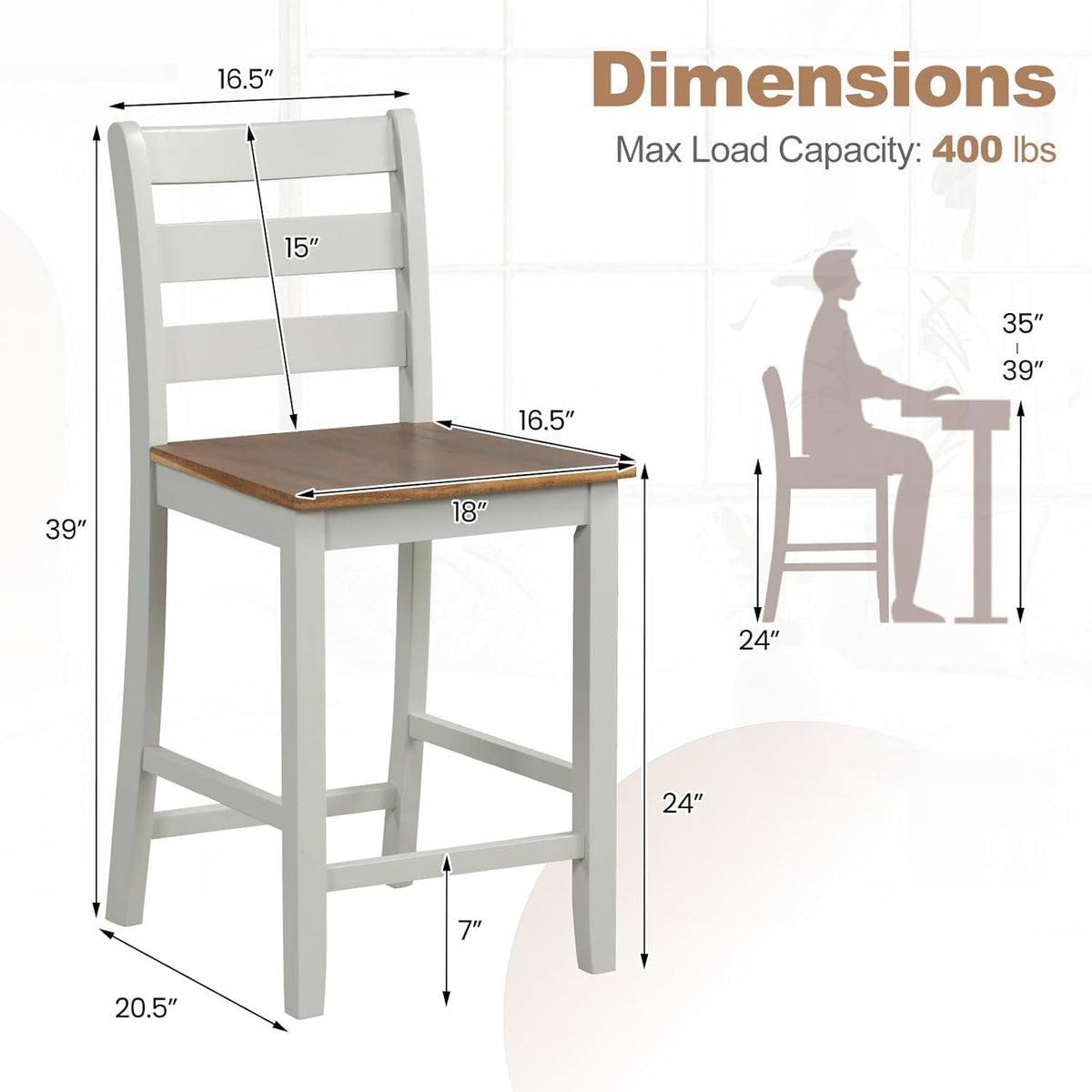 COSTWAY 24'' Wooden Counter Height Chairs Set of 2 with Ladder Back Support