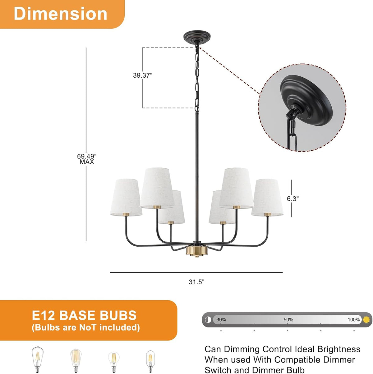 31.5" Dining Room Chandelier with Shades Modern Pendant Lights Kitchen