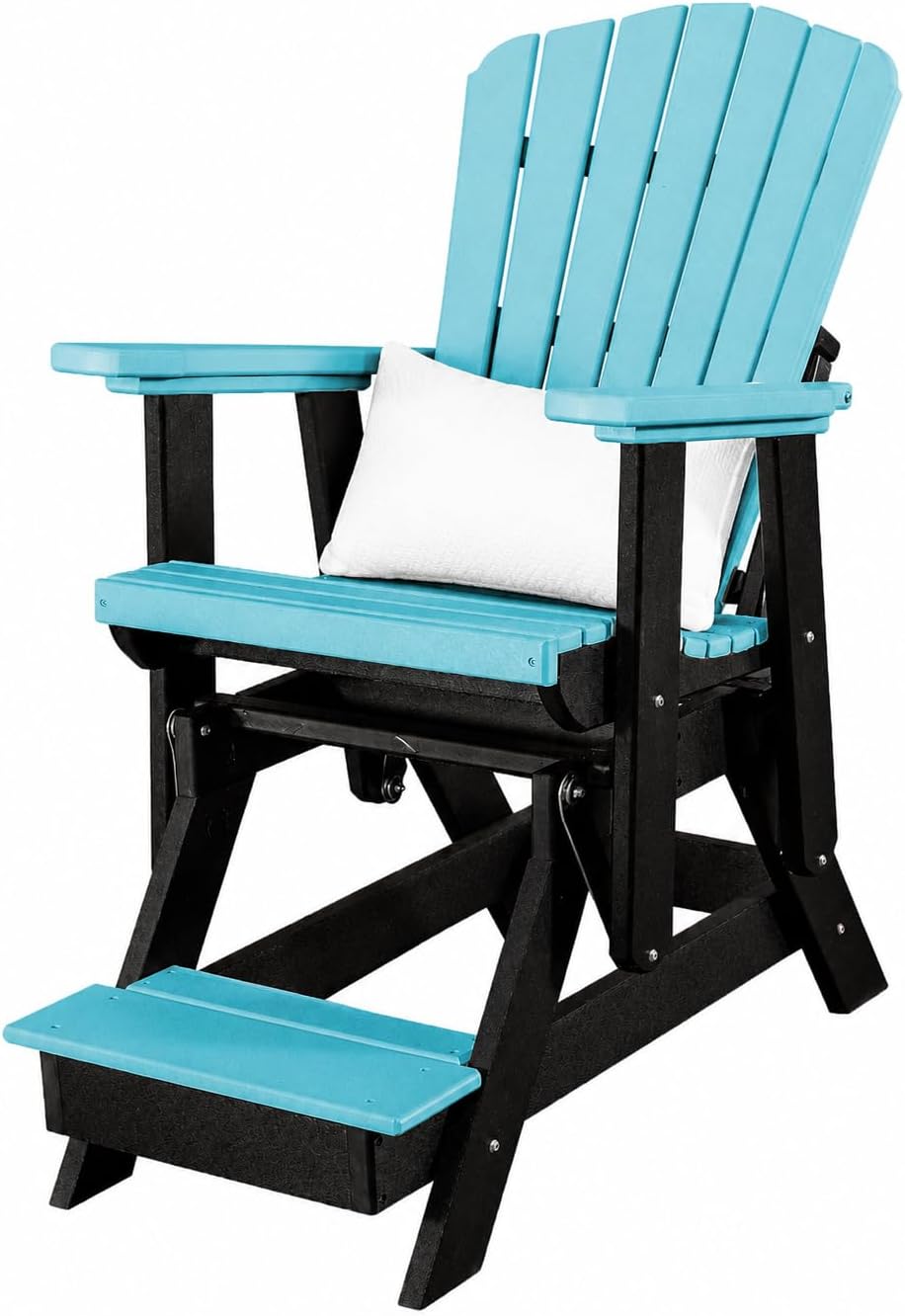 DutchCrafters Slat Fan Back Poly Balcony Adirondack Glider with Footrest Outdoor Patio Chair (Black & Aruba Blue)