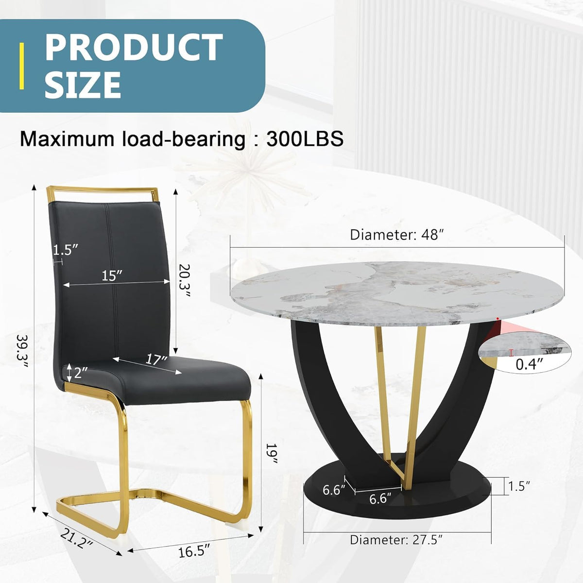 47" Round Glass Black Gold Dining Table Set 4