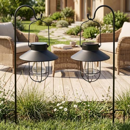 Solar Lantern Hanging Vintage Metal Light with Shepherd Hook