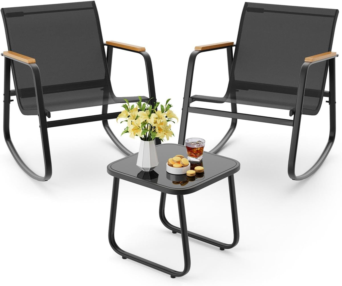 Aiho 3 Piece Rocking Bistro Set, Textilene Patio Chairs for Garden, Black