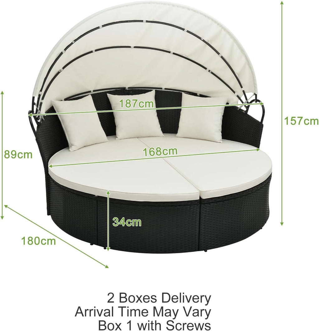 LIFEZEAL Rattan Sun Island with Sun Canopy, Garden Lounger Sun Lounger with Cushion, 5-Piece Lounge Set with Foldable Rain Cover, Garden Lounge Patio Furniture up to 360 kg (White, 168 x 180 x 157 cm)