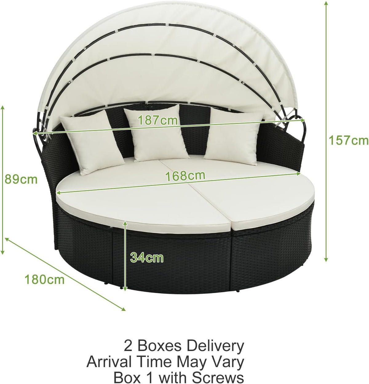 LIFEZEAL Rattan Sun Island with Sun Canopy, Garden Lounger Sun Lounger with Cushion, 5-Piece Lounge Set with Foldable Rain Cover, Garden Lounge Patio Furniture up to 360 kg (White, 168 x 180 x 157 cm)