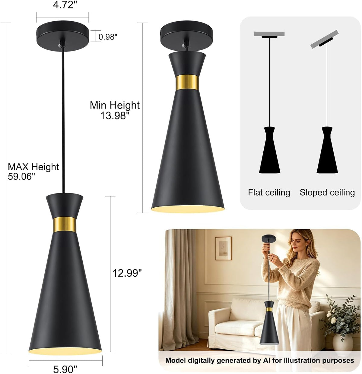 2026 New Pendant Lights Kitchen Island 3 Pack 13"H Gold Black Pendant Light