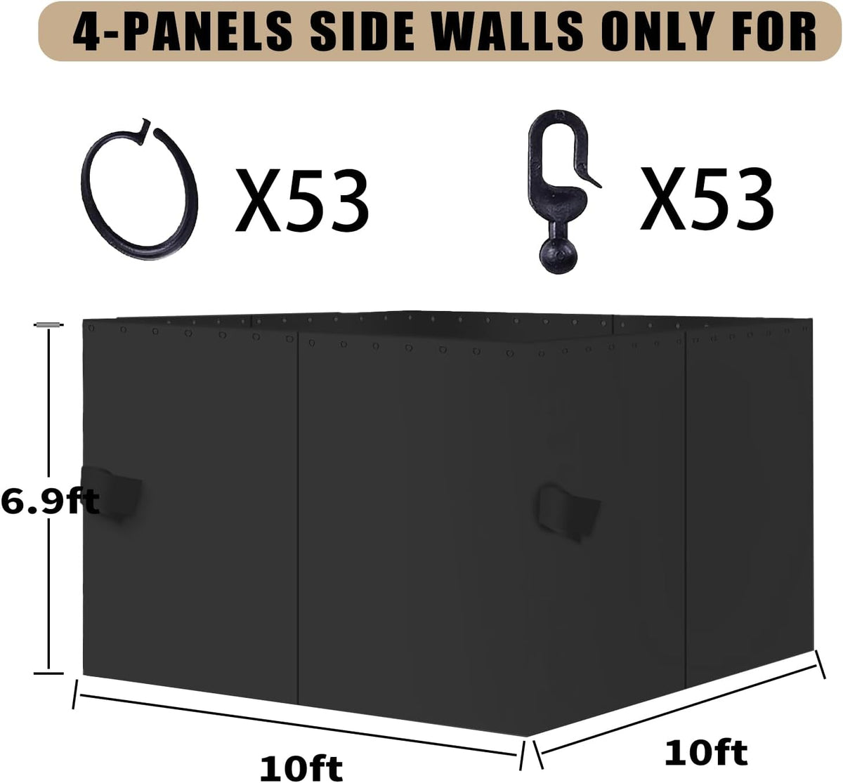 Gazebo Curtain Replacement Universal Privacy Curtain 10'X10'-4Panel-Black