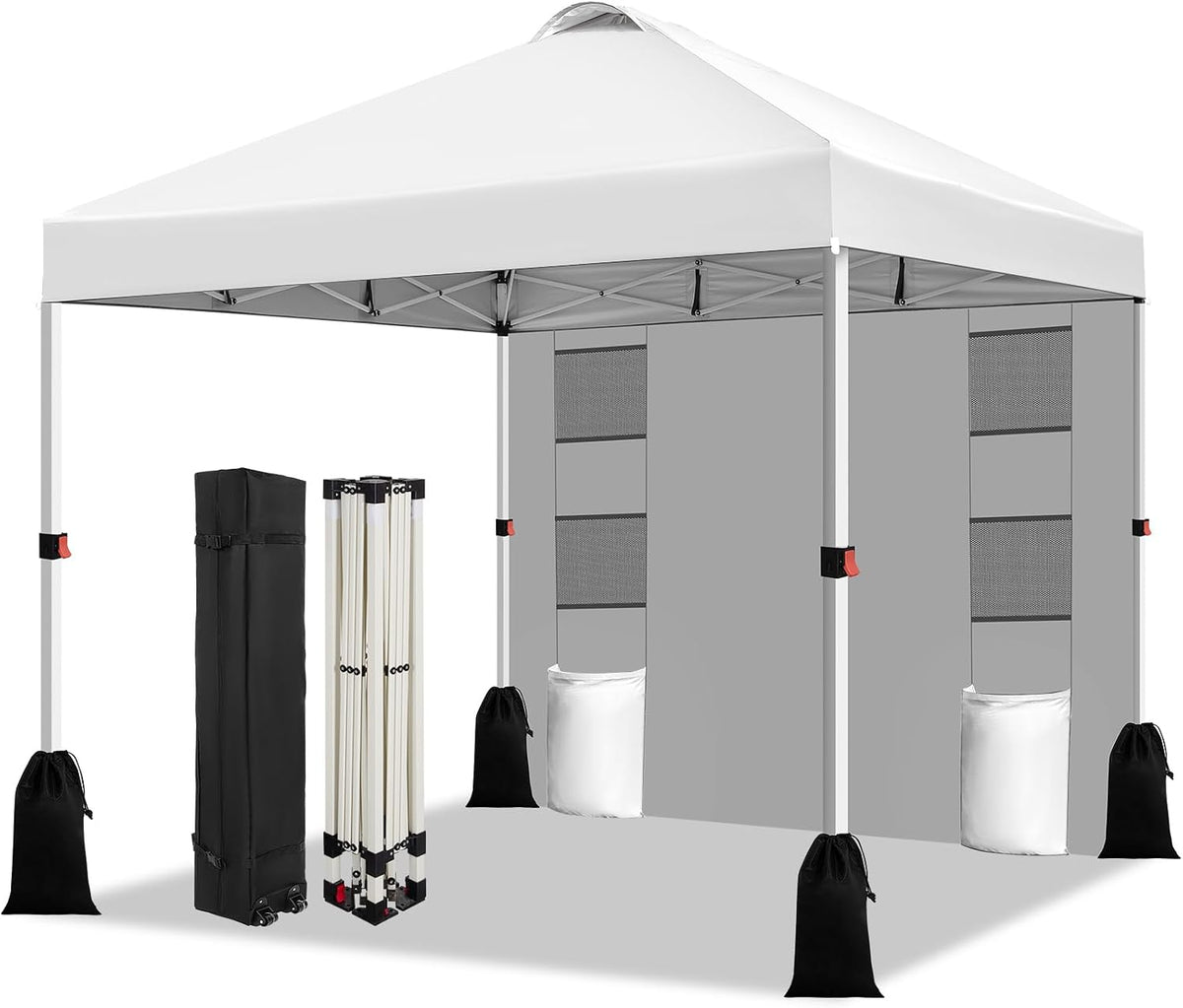 WEIZE 10x10 Pop Up Canopy Tent, 1-Button Push Setup Canopy Tent with 1 Sidewall, Adjustable Height Instant Portable Shelter, Portable Roller Bag,Easy Outdoor Sun Shade for Events,4 Weight Bags,White