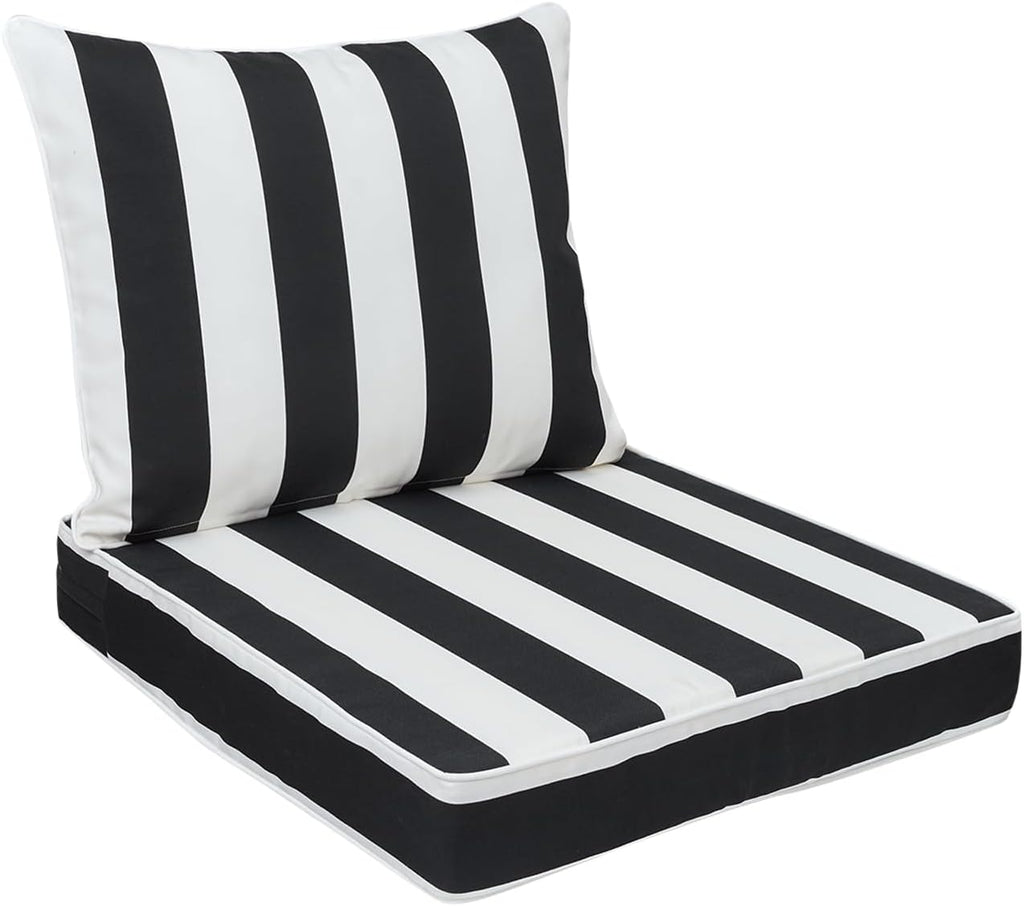 Magpie Fabrics Outdoor Deep Seat Cushion Set 24x24x4 Inch Thick Chair Pad and 24"x20" Back Pillow with Removable Cover, Water & Fade Resistant for Patio Sofa - Black White