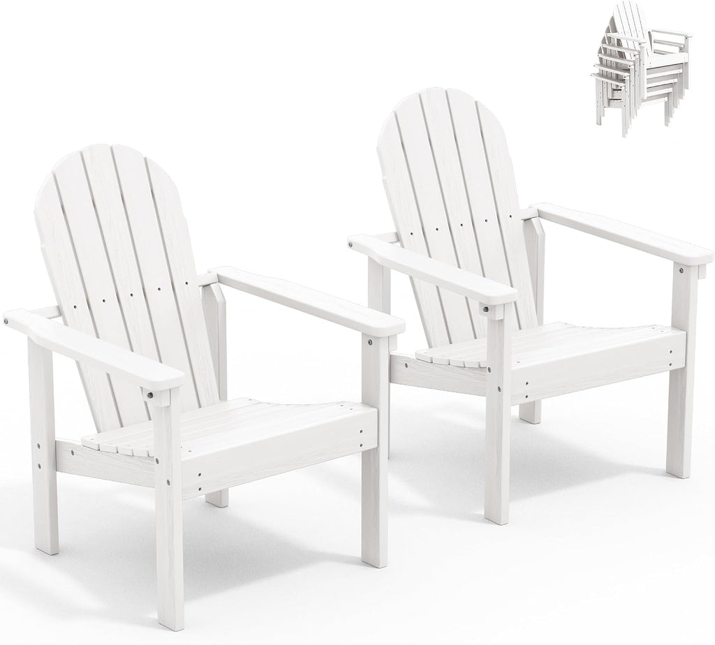 SERWALL HDPE Stackable Adirondack Chairs Set of 2,Space-Saving, White