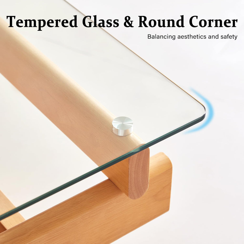 Finekoze Glass Coffee Table for Living Room,100% Solid Wood Coffee Table with Rectangular Tempered Glass Top,Mid Century Modern Coffee Table,Wood