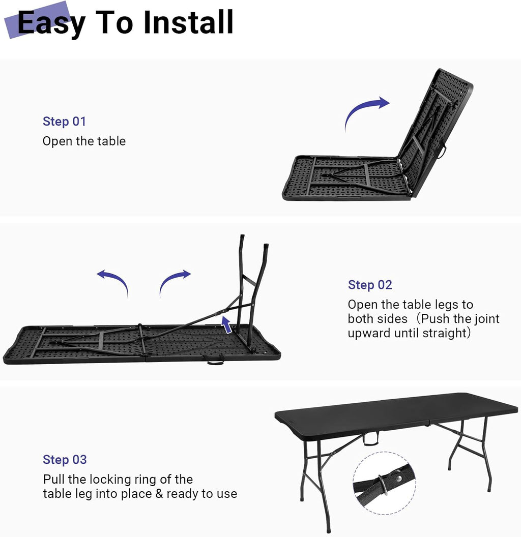 6ft Folding Table, Portable Heavy Duty Plastic Table for Party, Black