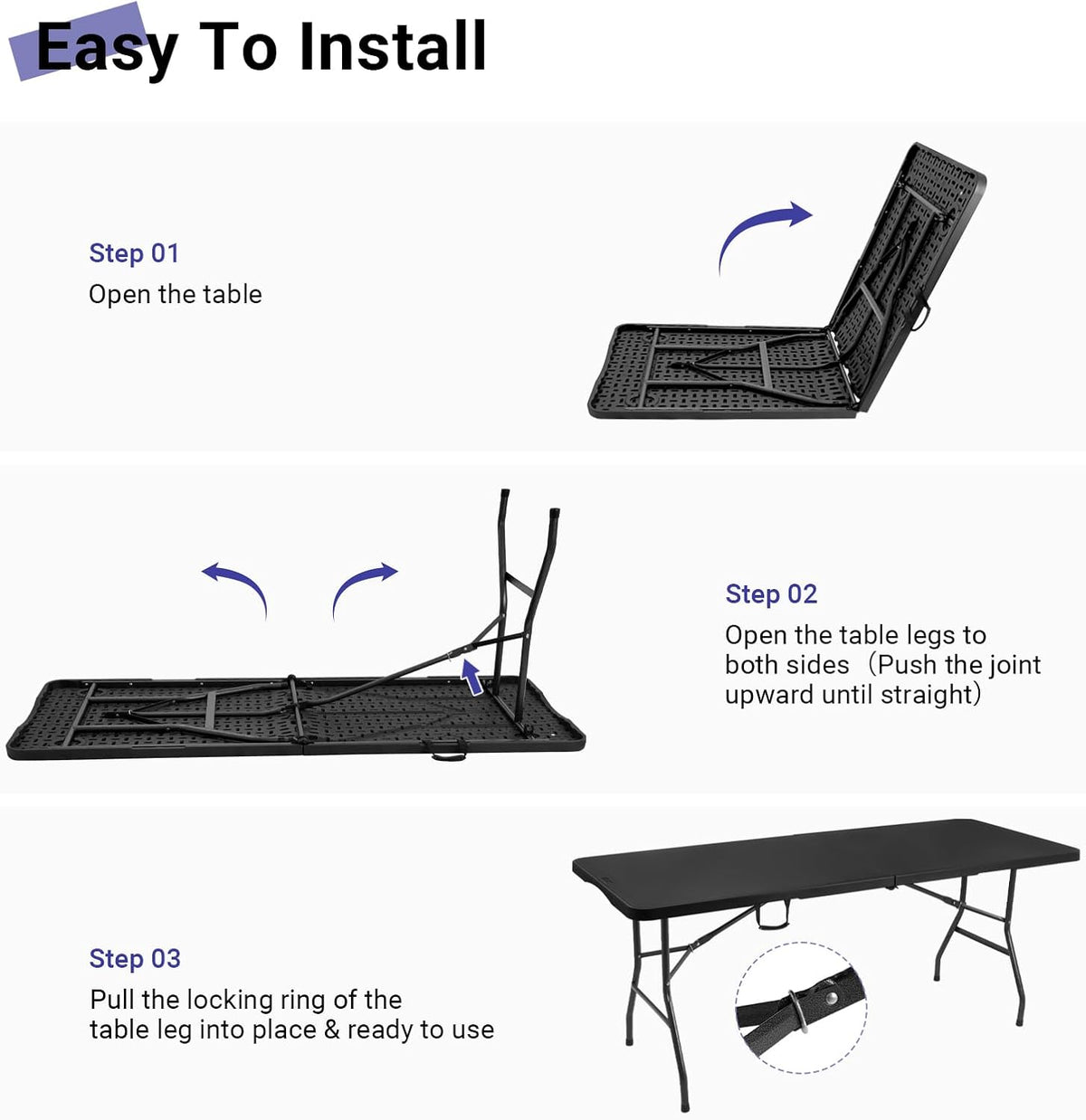 6ft Folding Table, Portable Heavy Duty Plastic Table for Party, Black