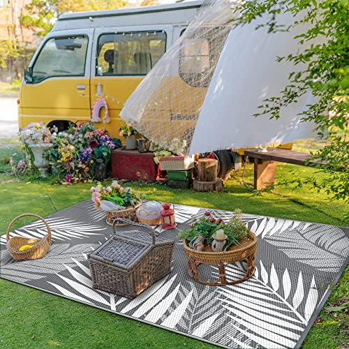 GENIMO Outdoor Rug, Waterproof Plastic Rugs for Patio, 6'x9' Grey White
