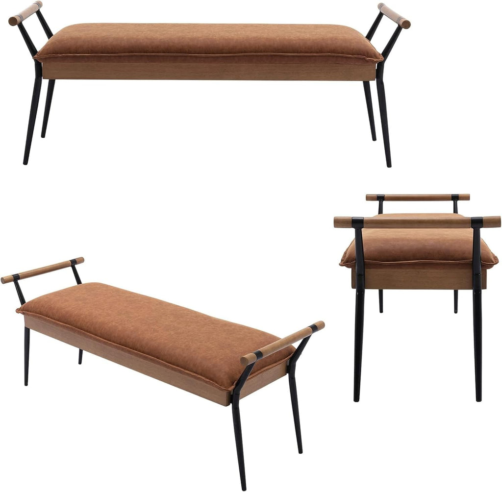 DUOMAY Modern PU Ottoman Bench with Arms & Metal Legs, Brown