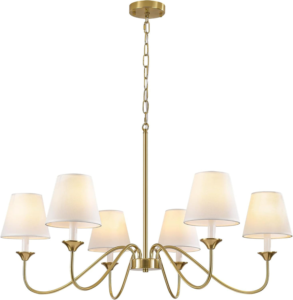 6 Lights Modern Brass Gold Chandeliers for Dining Room, Farmhouse Chandelier 35.8" Hanging Light Fixture, Adjustable Pendant Lights with White Fabric Shade for Kitchen Living Room Bedroom