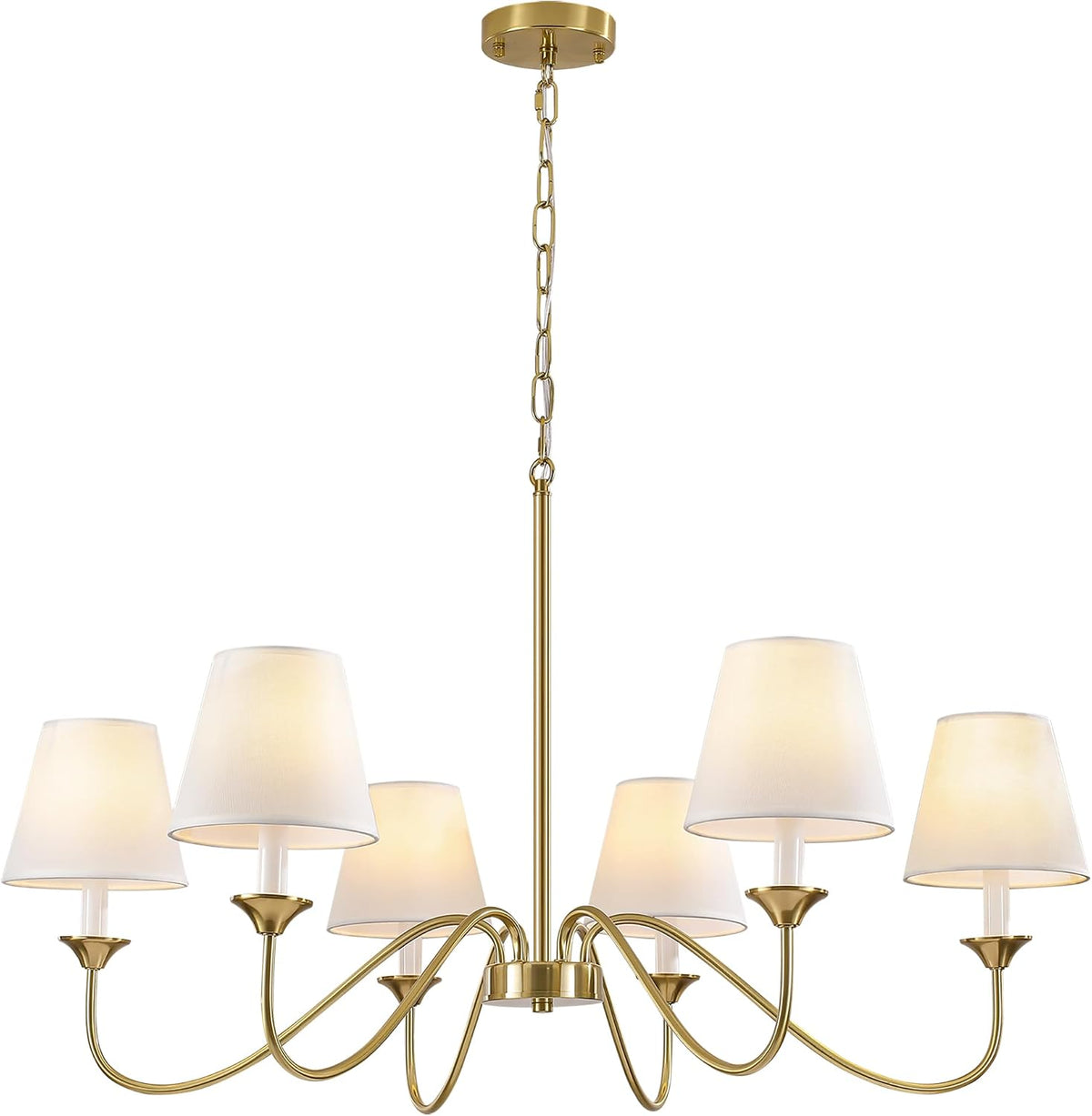 6 Lights Modern Brass Gold Chandeliers for Dining Room, Farmhouse Chandelier 35.8" Hanging Light Fixture, Adjustable Pendant Lights with White Fabric Shade for Kitchen Living Room Bedroom
