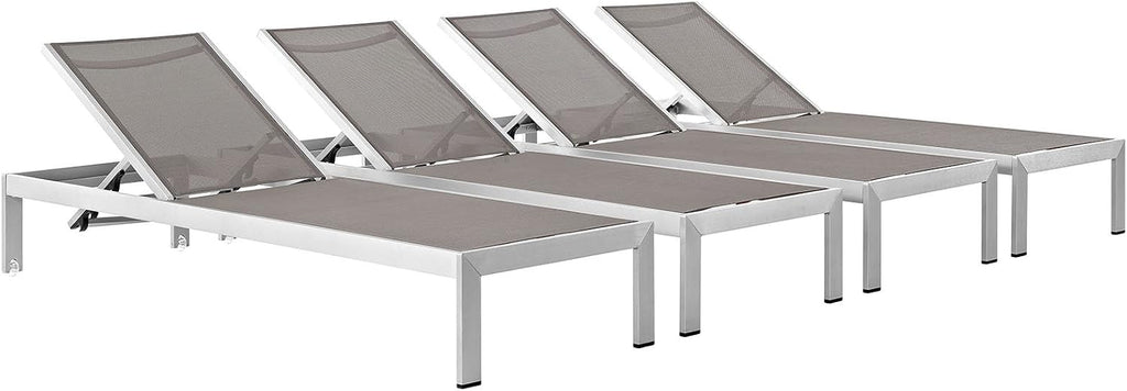 Modway Shore Aluminum Textilene® Mesh Outdoor Patio Four Poolside Chaise Lounge Chairs in Silver Gray