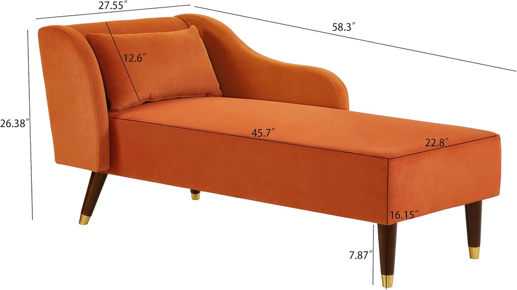 Bellemave Chaise Lounge Indoor, Velvet Upholstered Lounge Chair with Pillow, Solid Wood Legs Modern Chaise Lounge Chair for Living Room Bedroom Office (Orange)