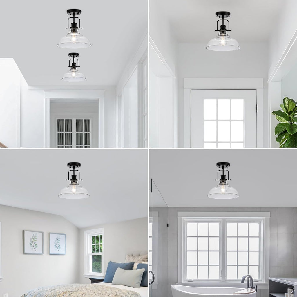 WILON Black Semi Flush Mount Ceiling Lights, Kitchen Lighting Fixtures with Seeded Glass Shade, Farmhouse Ceiling Lights for Kitchen Hallway Entryway Foyer Laundry Room