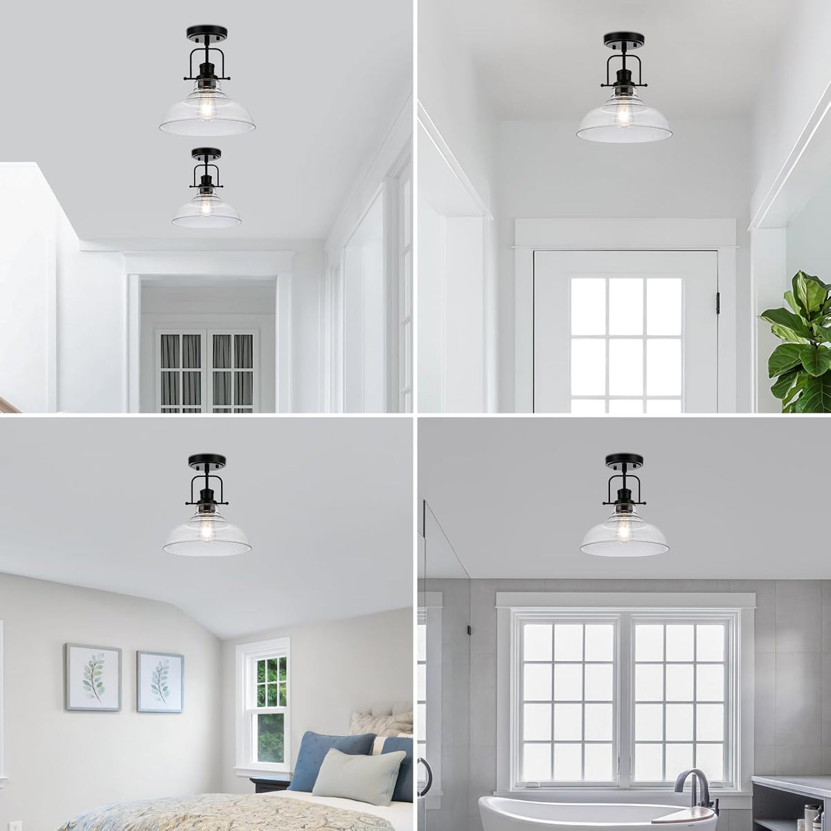 WILON Black Semi Flush Mount Ceiling Lights, Kitchen Lighting Fixtures with Seeded Glass Shade, Farmhouse Ceiling Lights for Kitchen Hallway Entryway Foyer Laundry Room