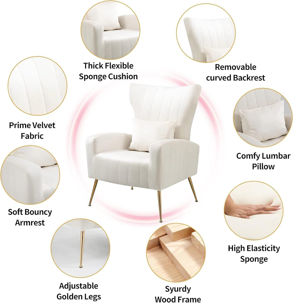 Velvet Accent Chair for Living Room Bedroom, Modern Arm Chair with Wingback & Gold Metal Legs, Lumbar Pillow Included, White
