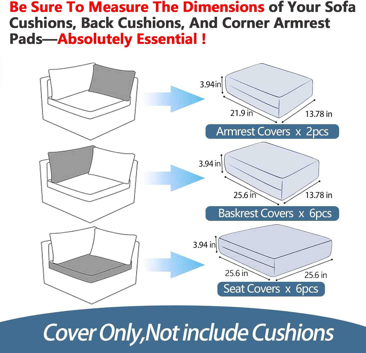 14Pcs Patio Cushion Covers Replacement Splashproof UV-Resistant Inelastic Covers with Zippers, Max Compatible 23.6x23.6x3.9 inch Patio Cushion