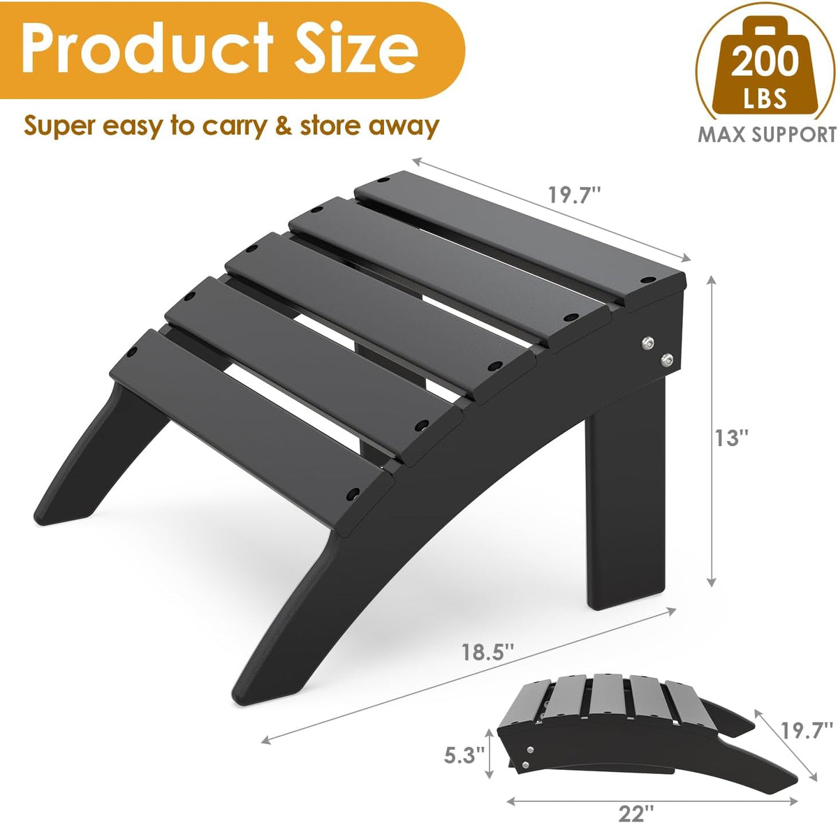 IVY&LANE Outdoor Adirondack Ottoman | Folding | HDPE | Black | All Weather | Waterproof Patio Footrest for Adirondack Chair | Poly Lumber Foot Rest for Deck Backyard
