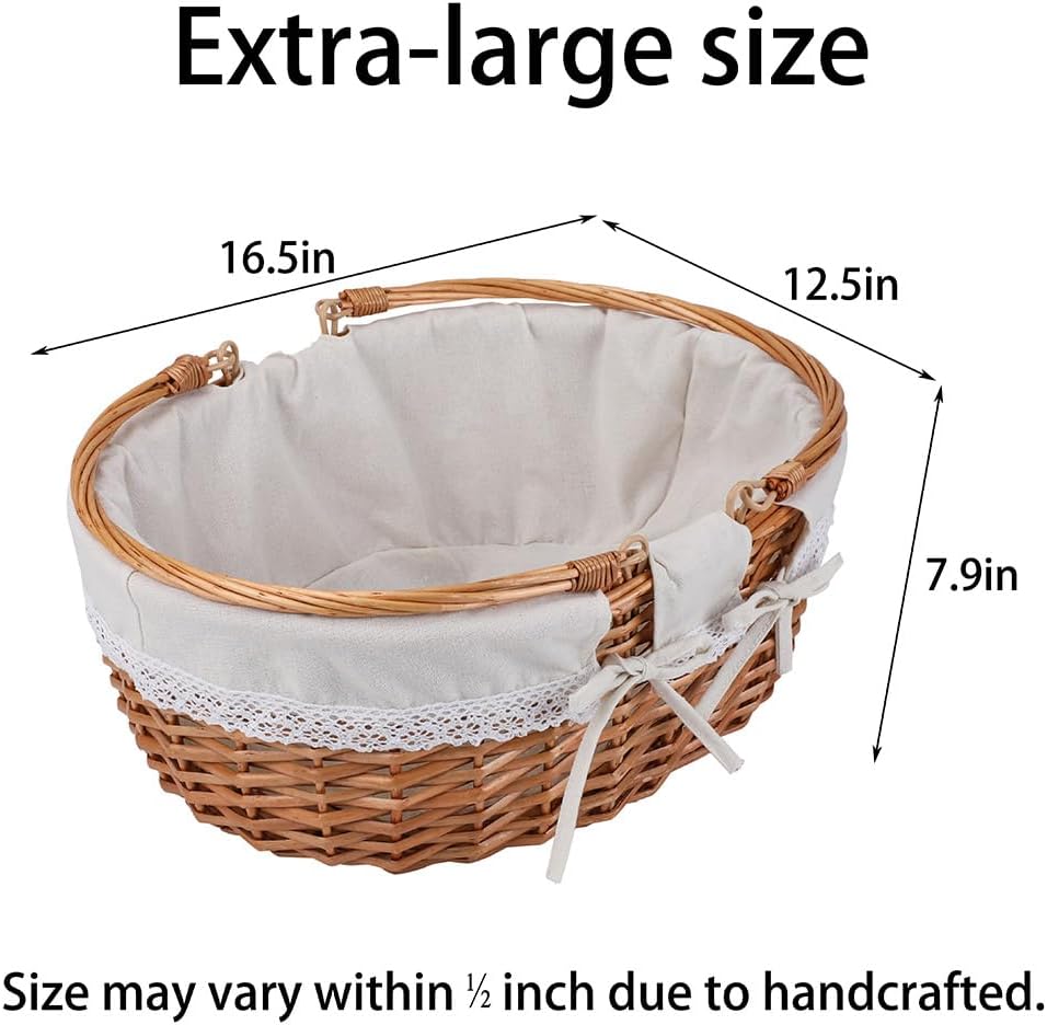 Large Wicker Woven Picnic Basket w/Handle for Camping & Harvest