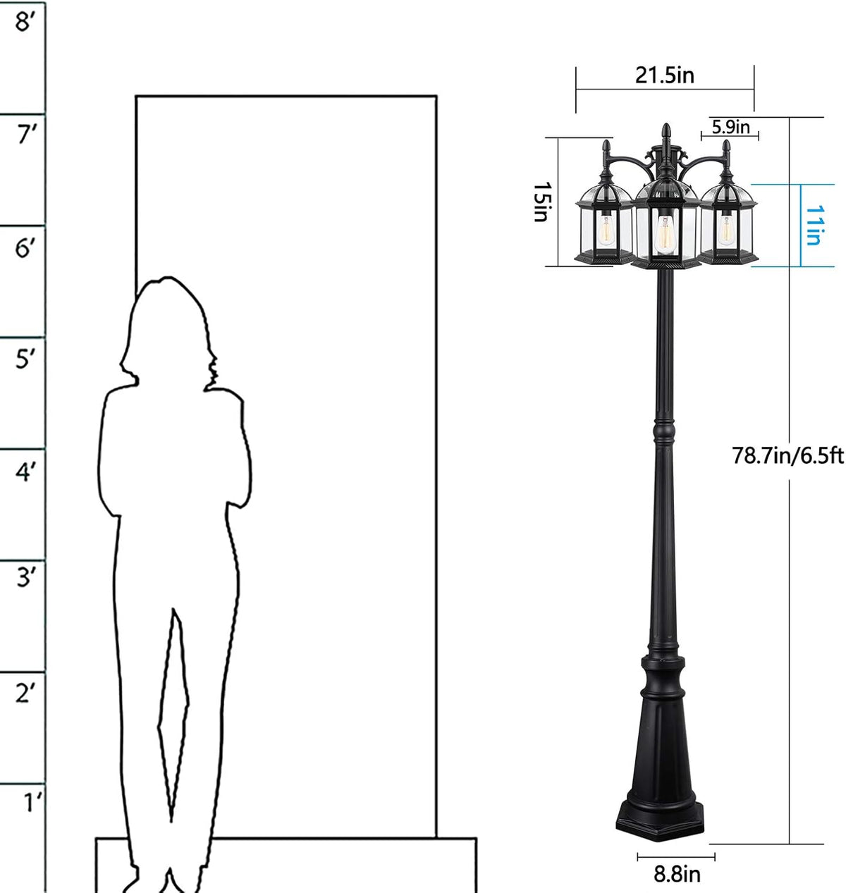 Aluminum Outdoor Lamp Post Birdcage, Hardwired Street Light Post for Outside, 3-Head Pole Light Modern Lamp Post Outdoor Lighting with Clear Glass Panels for Garden Patio Backyard Walkway Driveway