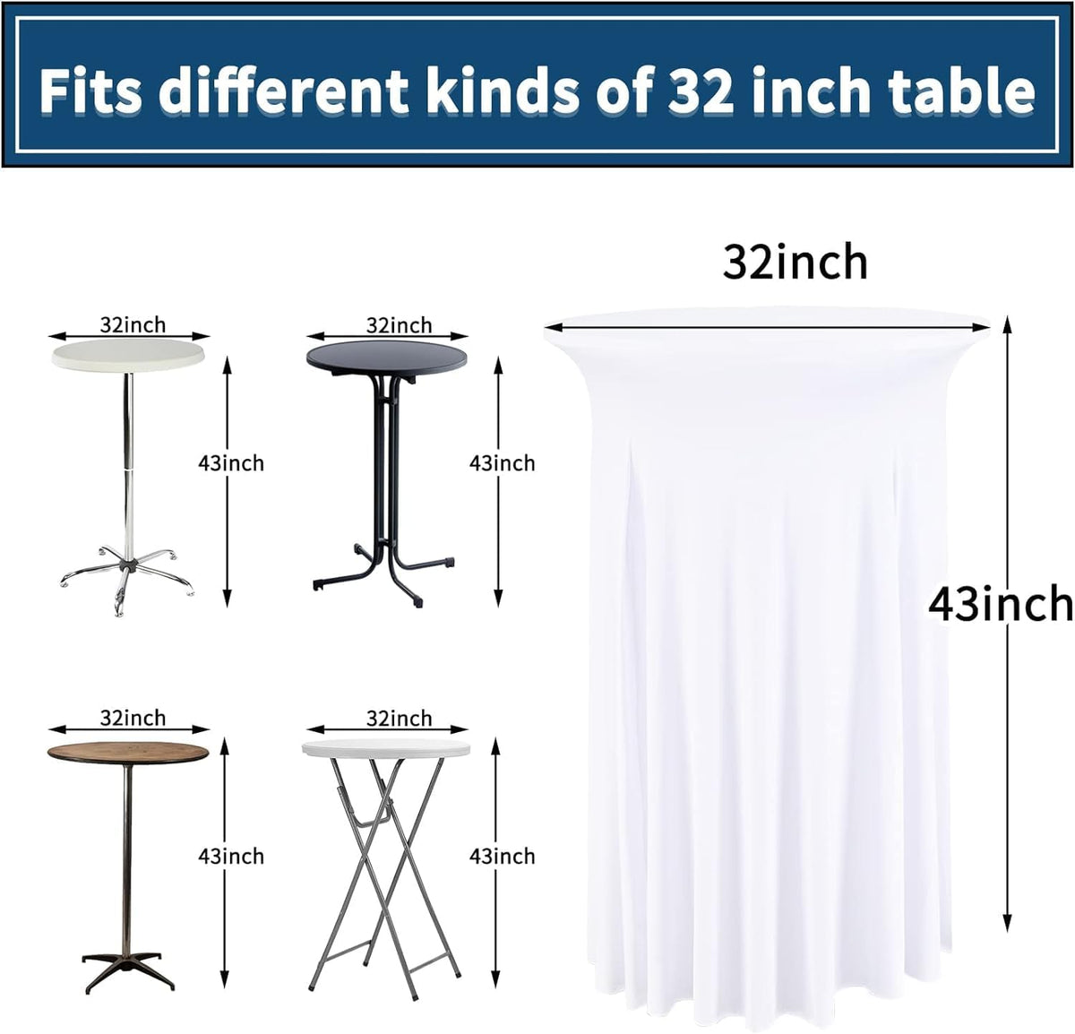 8 Packs White Round Cocktail Table Skirt 32"x 43"