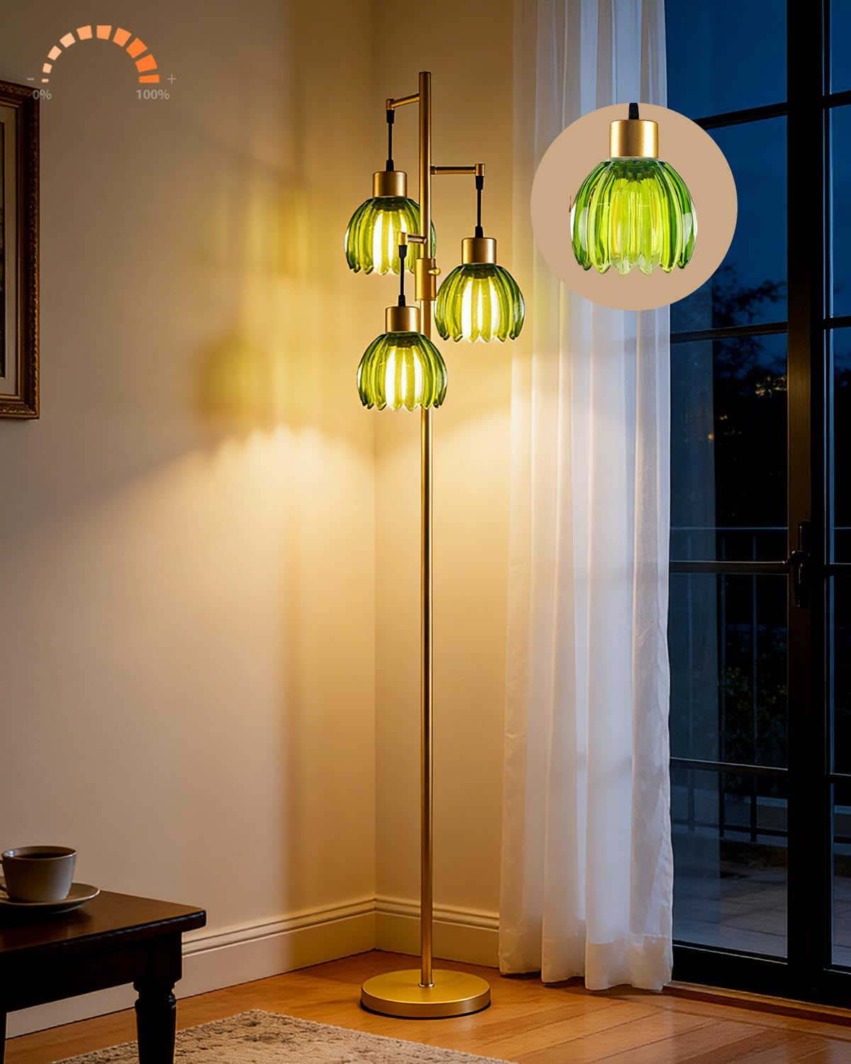 Lightdot Glass Floor Lamp Green Lotus Flower Shade Dimmable Gold Floor Lamp