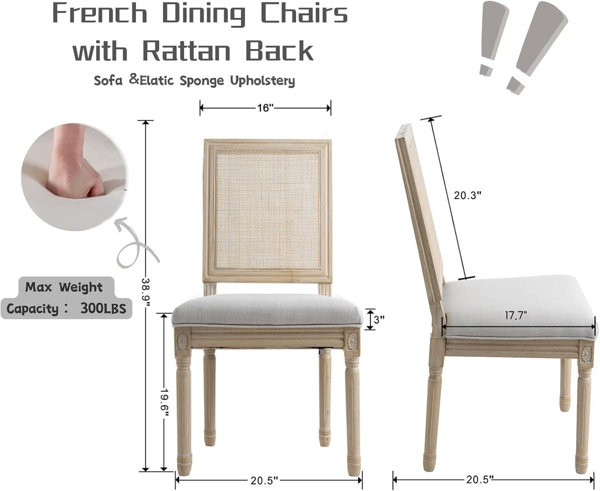 CIMOTA Farmhouse Dining Chairs Set of 8, French Rattan Dining Room Chairs with Distressed Wood Upholstered Vintage Side Chairs for Kitchen/Restaurant, Linen Beige/8PCS