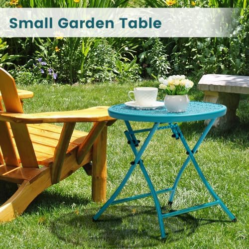 TeoKJ Folding Outdoor Side Table, No Assembly Patio Table with Cutouts
