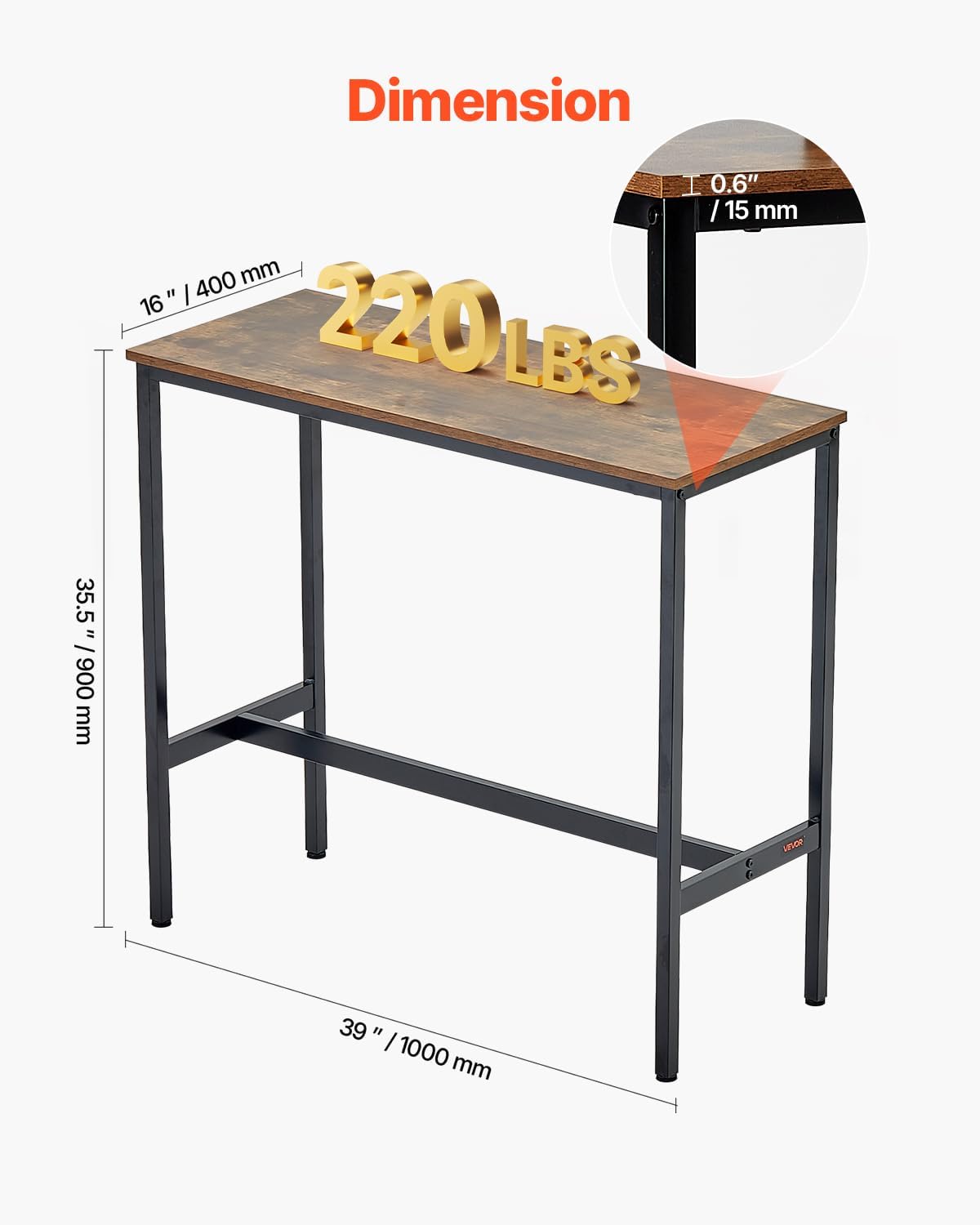 VEVOR Bar Table, Sturdy Metal Frame High Top Pub Table, Narrow Long Kitchen Dining, Cocktail Counter Bar Height Desk, Easy to Assemble,39x16x35.5 in, for Living Room Party, Rustic Brown and Black