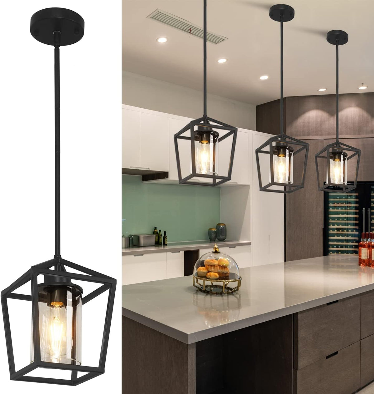 Black Kitchen Island Pendant Light,1-Light Modern Farmhouse Hanging Light