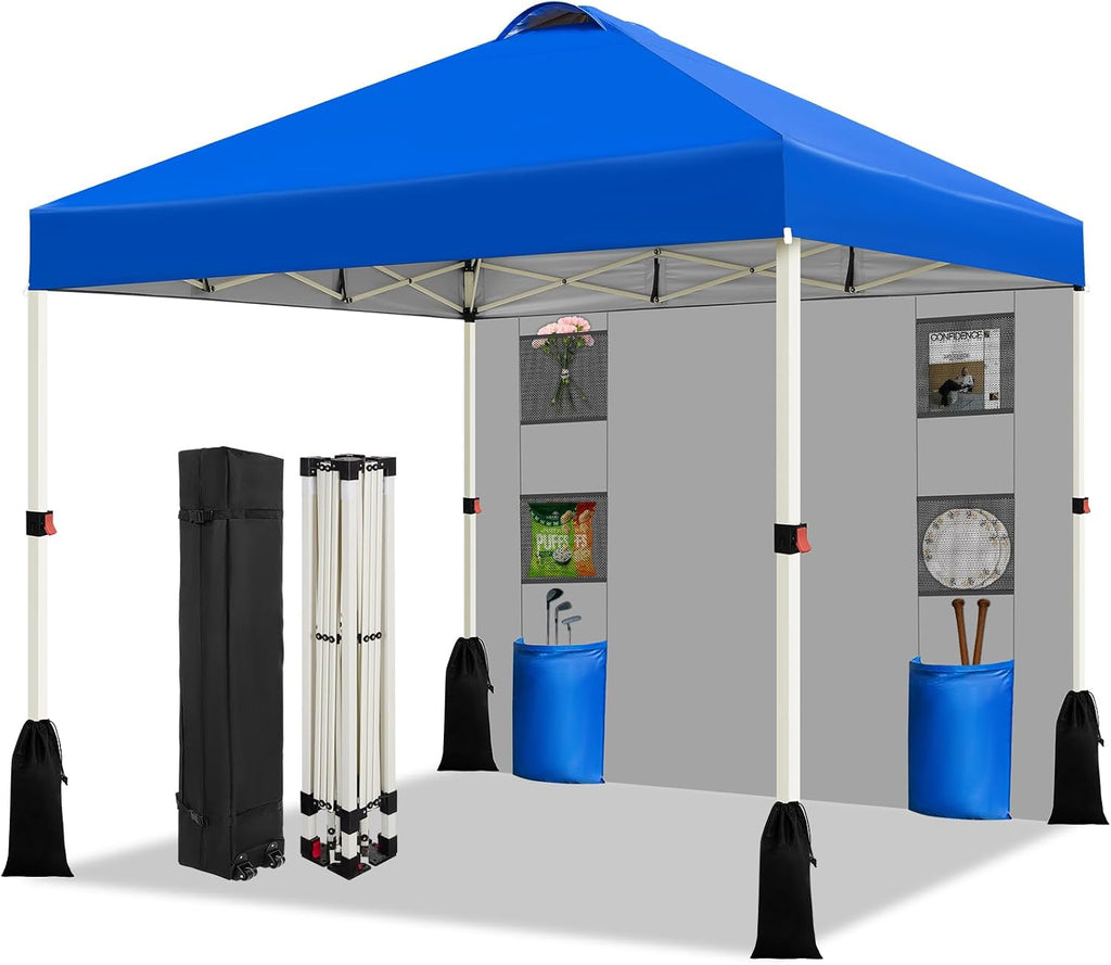 WEIZE 10x10 Pop Up Canopy Tent, 1-Button Push Setup Canopy Tent with 1 Sidewall, Adjustable Height Instant Portable Shelter,Portable Roller Bag, Easy Outdoor Sun Shade for Events,4 Weight Bags,Blue