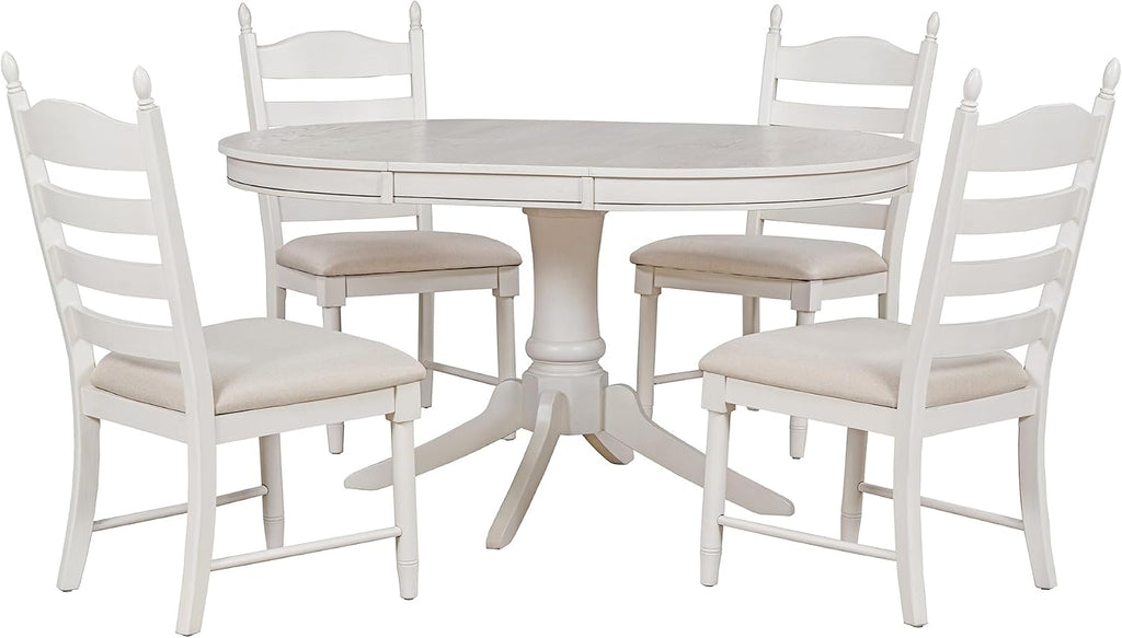 LUMISOL 5-Piece Solid Wood Dining Table Set for 4, Farmhouse Kitchen Table Set with Extendable Round Table & 4 Upholstered Chairs for Kitchen, Dining Room, Small Space, Antique White