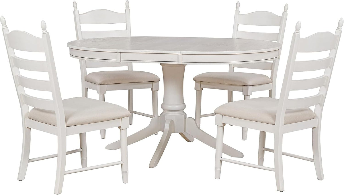 LUMISOL 5-Piece Solid Wood Dining Table Set for 4, Farmhouse Kitchen Table Set with Extendable Round Table & 4 Upholstered Chairs for Kitchen, Dining Room, Small Space, Antique White