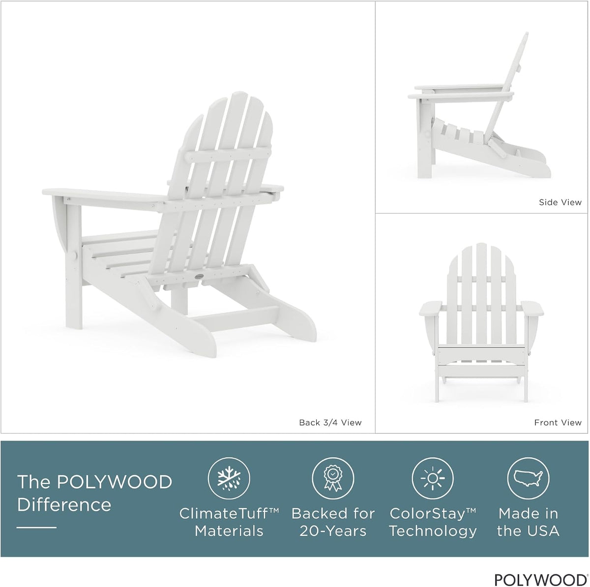POLYWOOD AD5030WH Classic Folding Adirondack Chair, White 35.7 x 29 x 35.7 inches